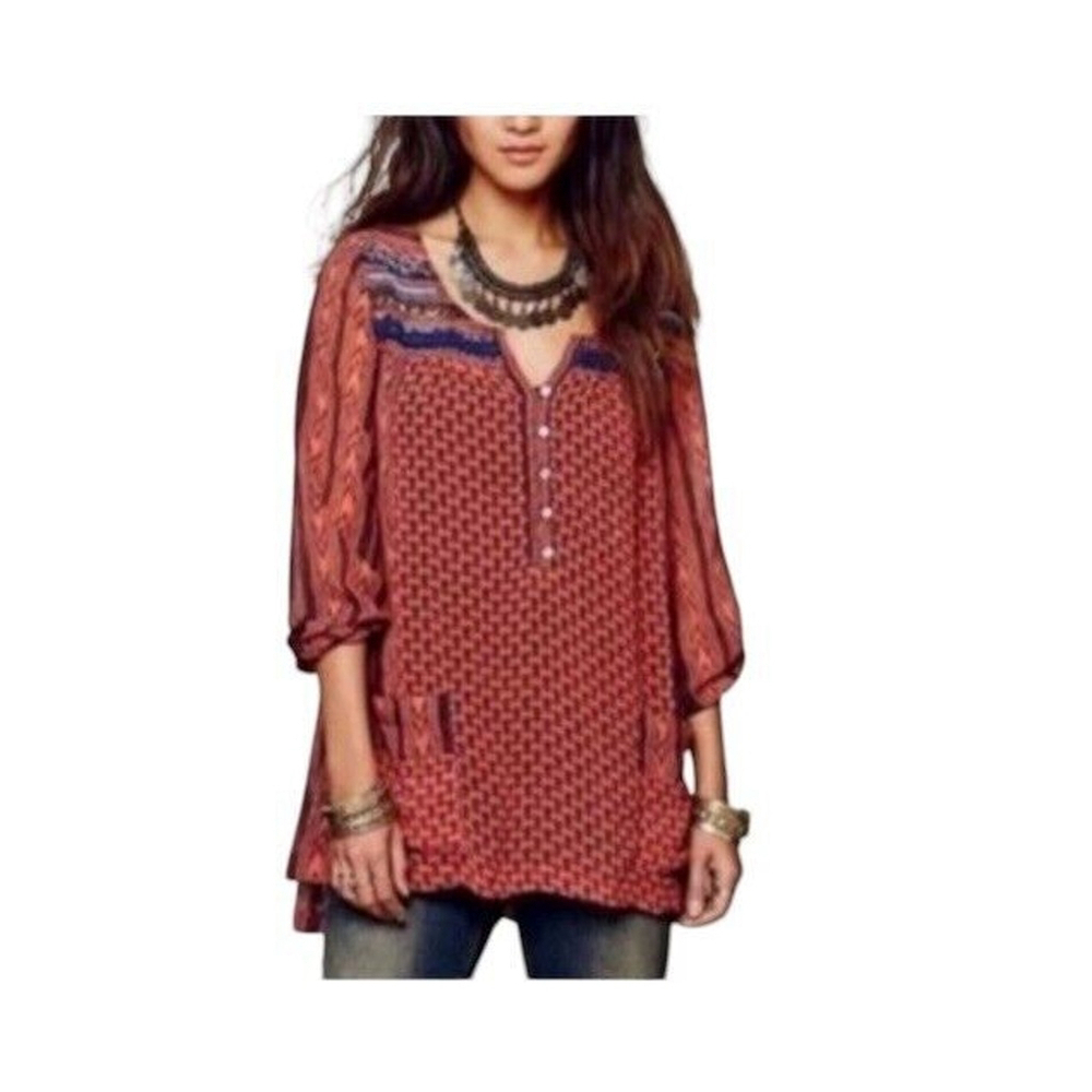 Free People Top Women Sz S‎ Orange Feather in the Wind Tunic Beaded Pockets EUC